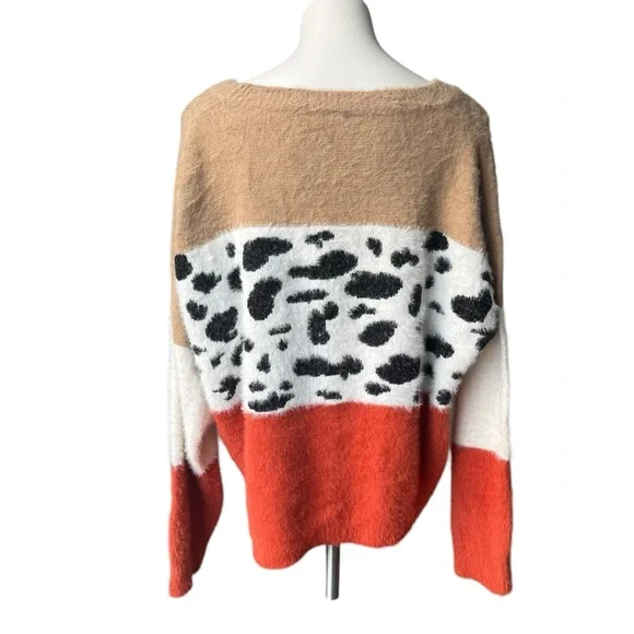 COCOBLEU Colorblock Leopard Print Fuzzy Crewneck Sweater, Sz 1X - Picture 3 of 14